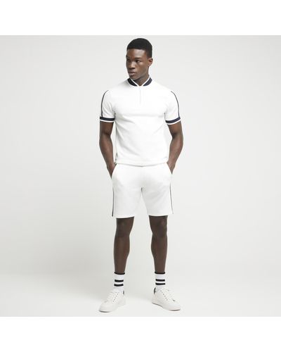River Island White Slim Fit Textured Taped Shorts
