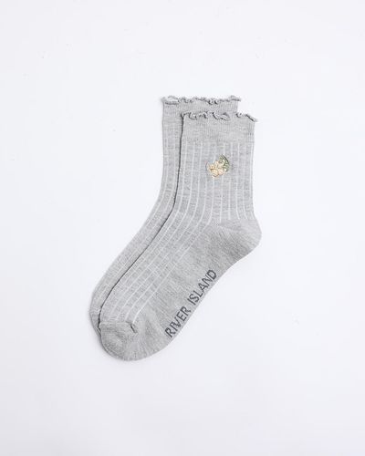 River Island Gray Embroidered Flower Ankle Socks - White