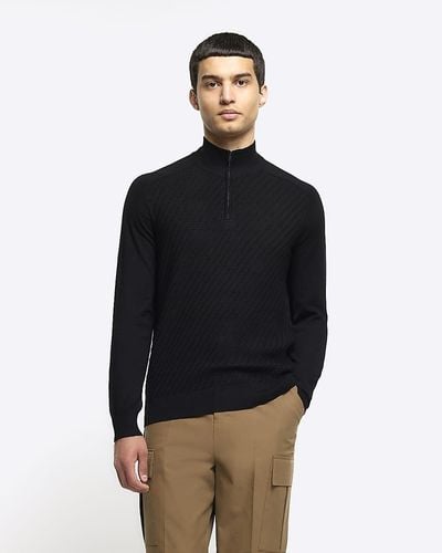 River Island Diagonal Half Zip Sweater - Black