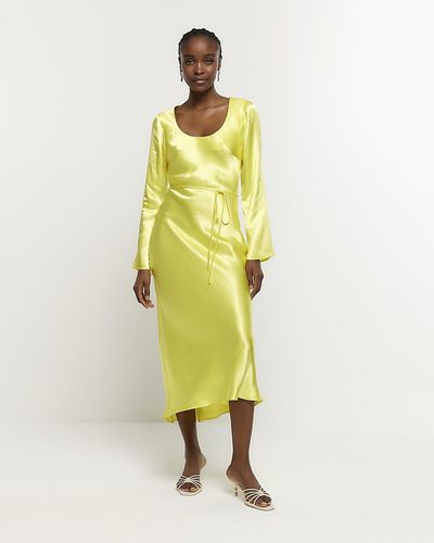 River Island Satin Belted Slip Midi Dress - Yellow