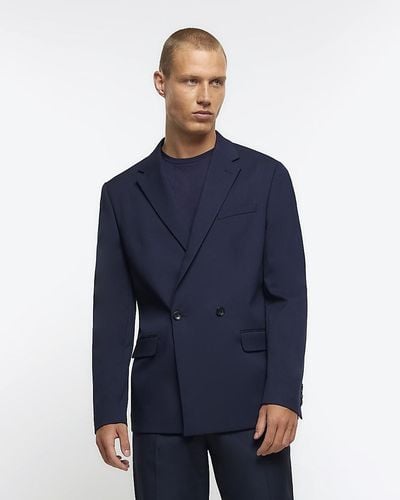 River Island Navy Slim Fit Double Breasted Suit Jacket - Blue
