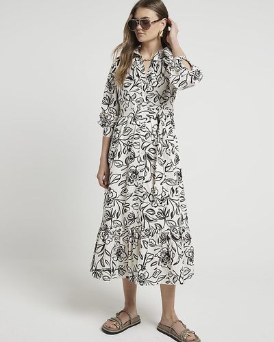 River Island Floral Belted Midi Shirt Dress - White