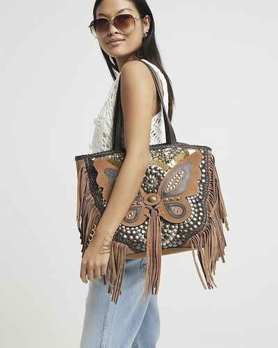 River Island Brown Leather Butterfly Studded Tote Bag