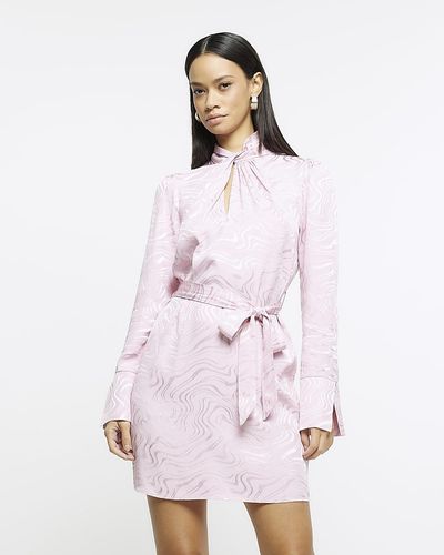 River Island Pink Jacquard Long Sleeve Mini Dress