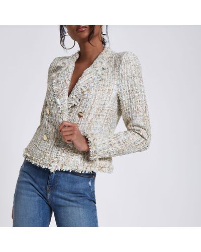 River Island Cream Boucle Double-breasted Fitted Jacket - Natural