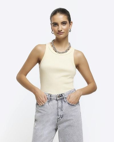 River Island Yellow Ribbed Racer Vest Top - White