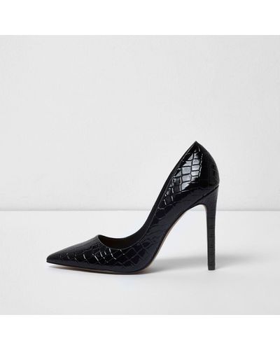 River Island Black Croc Embossed Patent Court Shoes