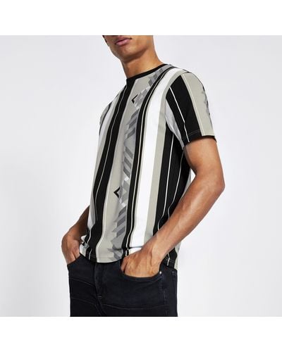 River Island Aztec Stripe Printed Slim Fit T-shirt - Grey