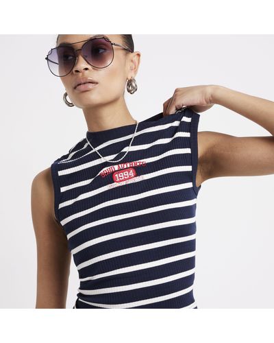 River Island Navy Ribbed Stripe Embroidered Tank Top - Blue