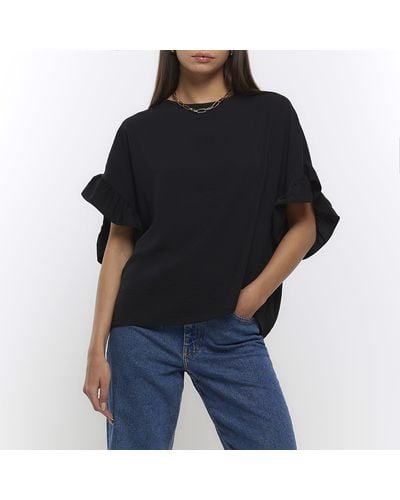 River Island Frill Sleeve T-shirt - Black
