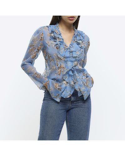 River Island Blue Floral Frill Blouse