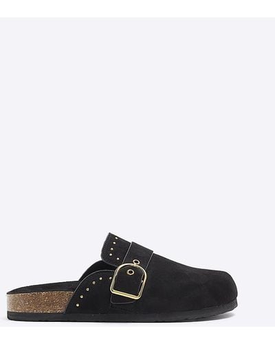 River Island Black Buckle Studded Mule Shoes