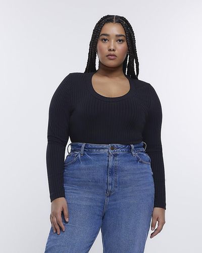 River Island Ribbed Scoop Neck Long Sleeve Top - Blue