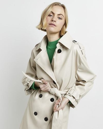 River Island Cream Faux Leather Oversized Trench Coat - Natural