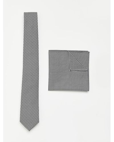 River Island Black Puppytooth Tie And Pocket Square Set