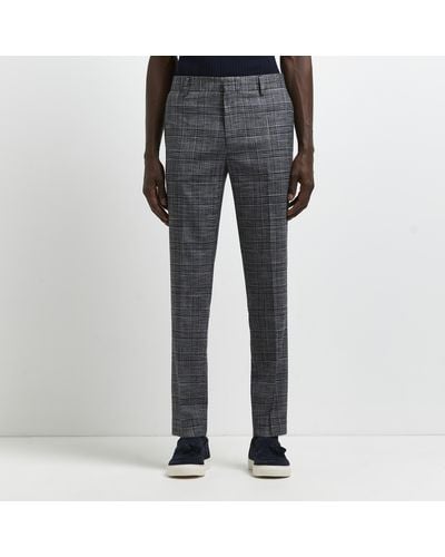 River Island Navy Slim Fit Check Suit Trousers - Blue