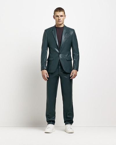 River Island Green Slim Fit Faux Leather Suit Pants - Blue
