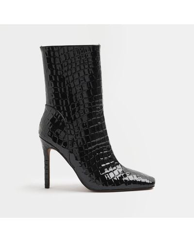 River Island Patent Croc Embossed Heeled Boots - Black
