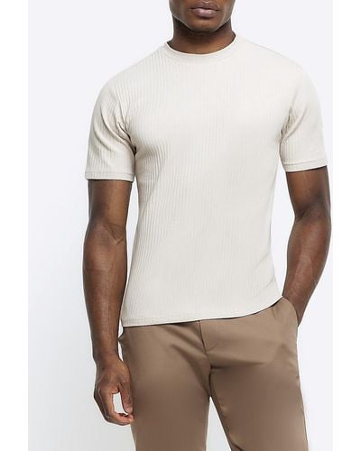 River Island Stone Muscle Fit Textured Rib T-shirt - White