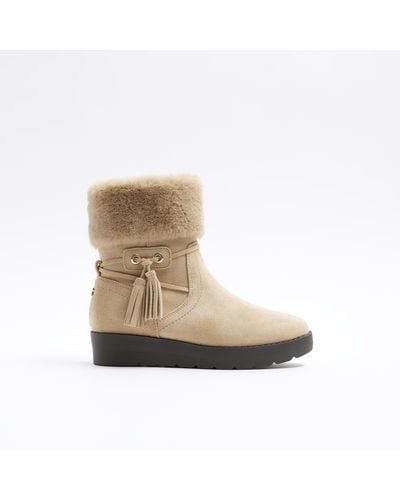 River Island Beige Faux Fur Lining Wedge Boots - Natural