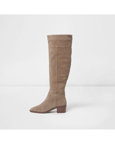 River Island Beige Suede Studded Knee High Suede Boots - Natural