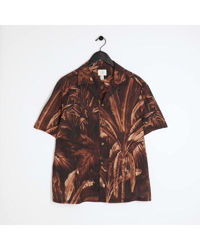 River Island Palm Print Short Sleeve Shirt - Brown