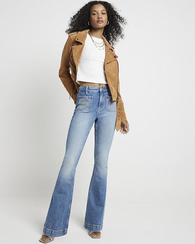 River Island Blue High Waisted Embroidered Flared Jeans
