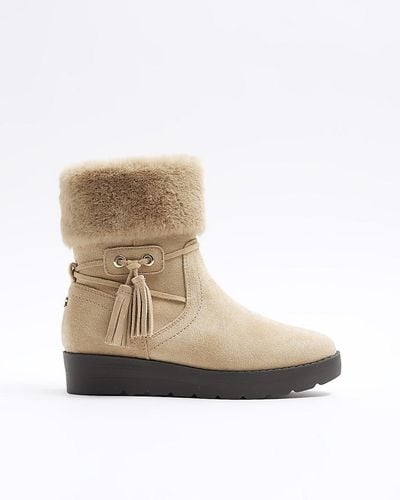 River Island Beige Faux Fur Lining Wedge Boots - Natural