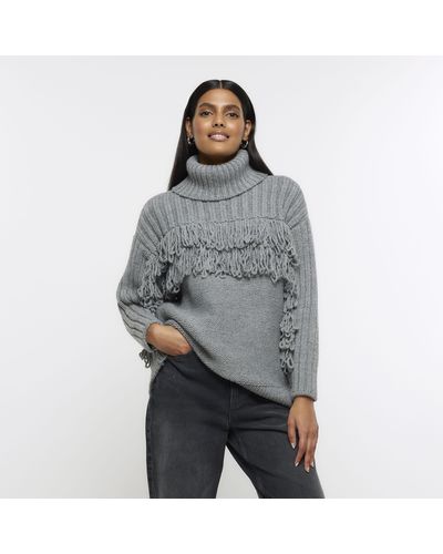 River Island Grey Knitted Fringe Detail Sweater