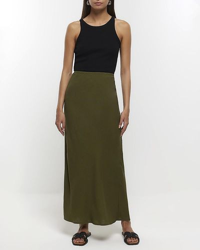 River Island Khaki Midi Skirt With Linen - Green