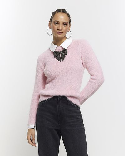 River Island Pink Fluffy Bow Hybrid Sweater