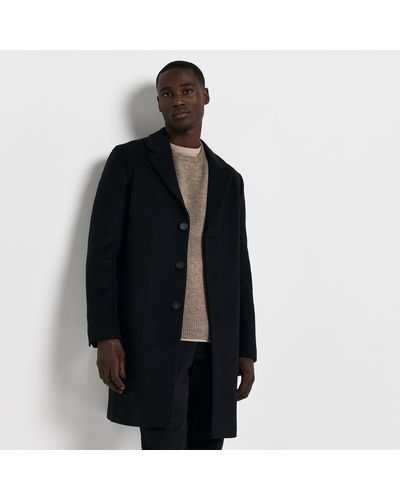 River Island Black Regular Fit Wool Blend Overcoat