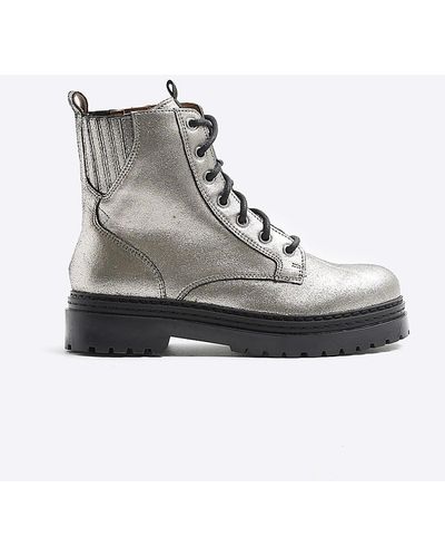 River Island Silver Leather Metallic Lace Up Boots - Grey