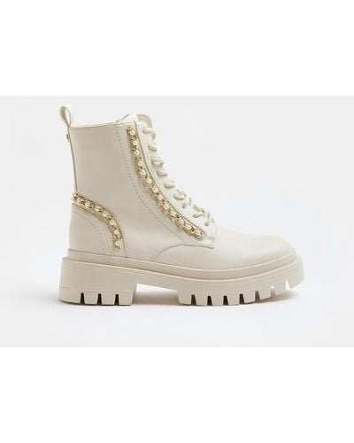 River Island Cream Chain Lace Up Chunky Boots - Natural