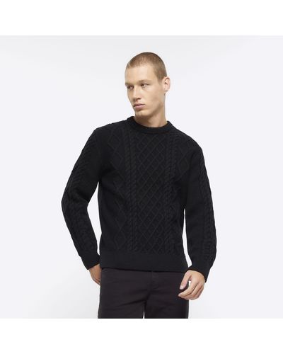 River Island Black Slim Fit Cable Knit Sweater