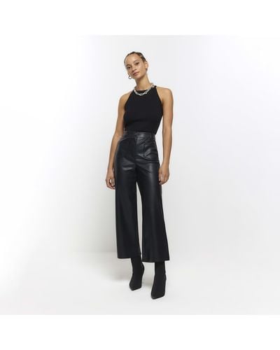 River Island Black Faux Leather Crop Trousers - White