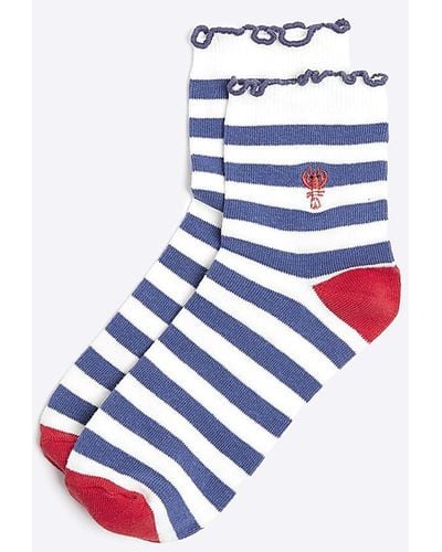 River Island Blue Stripe Embroidered Ankle Socks - White