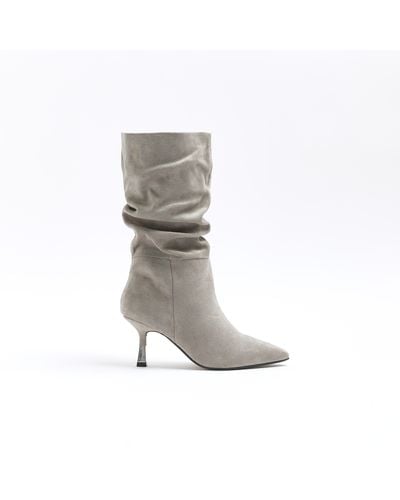 River Island Suedette Slouch Heeled Boots - Grey