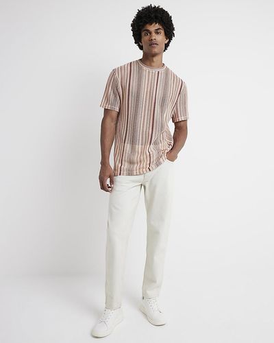 River Island Pink Regular Fit Crochet Stripe T-shirt - White