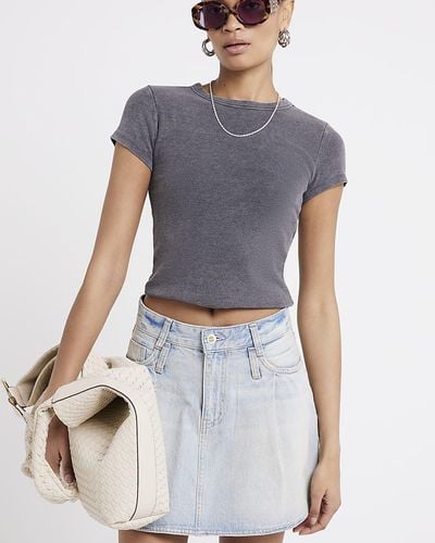 River Island Grey Ribbed Washed Cropped T-shirt - Blue