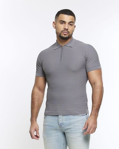 River Island Gray Muscle Fit Knitted Half Zip Polo