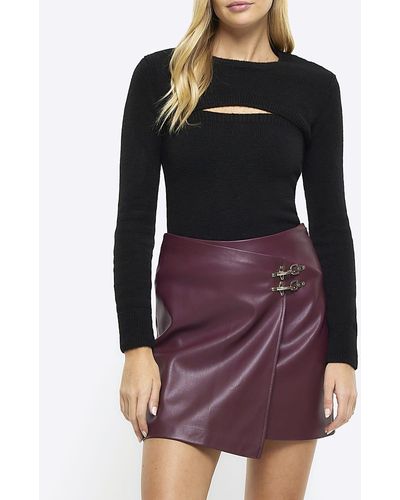 River Island Red Faux Leather Buckle Wrap Mini Skirt - Black