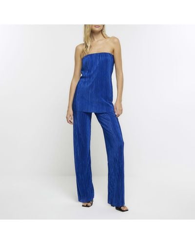 River Island Blue Plisse Flared Trousers