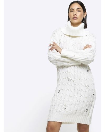 River Island Cream Cable Knit Pearl Sweater Mini Dress - White
