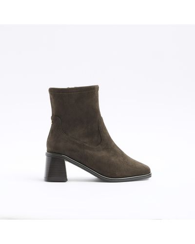 River Island Khaki Wide Fit Block Heel Ankle Boots - Brown