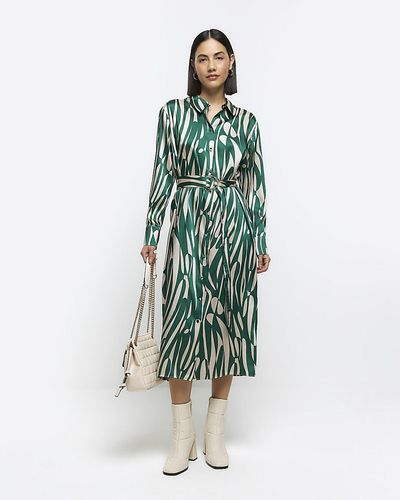 River Island Green Abstract Belted Midi Shirt Dress - Blue