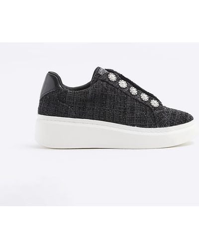 River Island Black Pearl Button Slip On Trainers
