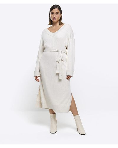 River Island Plus Beige Knitted Belted Sweater Midi Dress - White