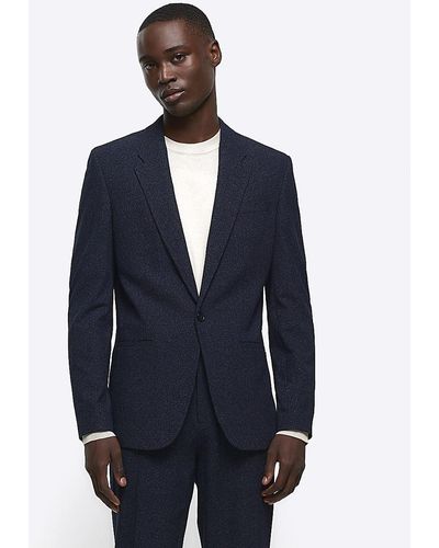 River Island Navy Slim Fit Textured Suit Jacket - Blue