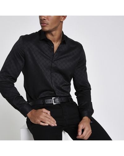 River Island Ri 30 Black Jacquard Embellished Collar Shirt